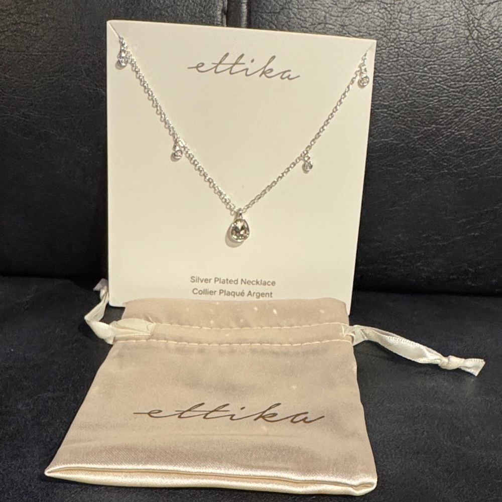Ettika Silver Plated Necklace with Teardrop Pendant. Includes Dust Bag.